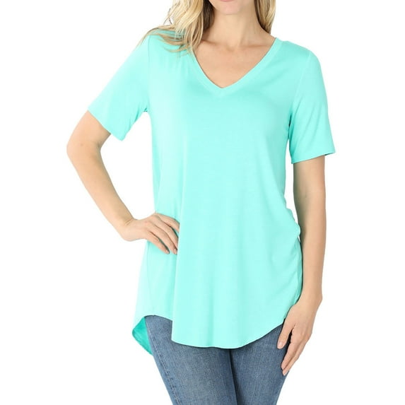 Zenana Women & Plus Luxe Rayon Short Sleeve V-Neck Hi-Low Hem Casual Tee-Shirt Top
