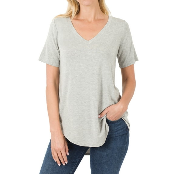 Zenana Women & Plus Luxe Rayon Short Sleeve V-Neck Hi-Low Hem Casual Tee-Shirt Top