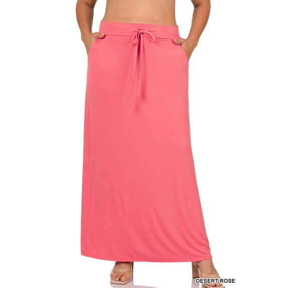 Zenana Women & Plus Relaxed Drawstring Waist Draped Basic Maxi Skirts with Side Pockets