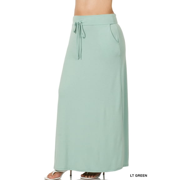 Zenana Women & Plus Relaxed Drawstring Waist Draped Basic Maxi Skirts with Side Pockets