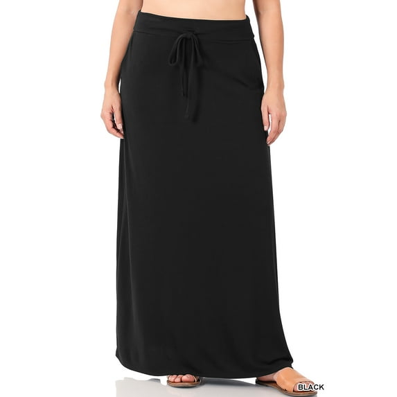 Zenana Women & Plus Relaxed Drawstring Waist Draped Basic Maxi Skirts with Side Pockets