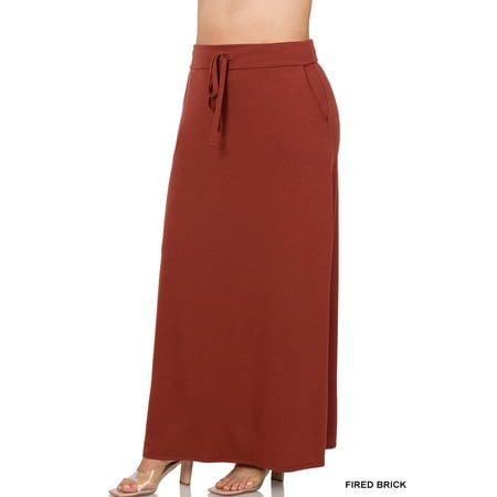 Zenana Women & Plus Relaxed Drawstring Waist Draped Basic Maxi Skirts with Side Pockets
