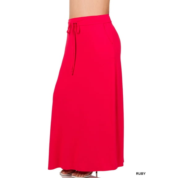 Zenana Women & Plus Relaxed Drawstring Waist Draped Basic Maxi Skirts with Side Pockets
