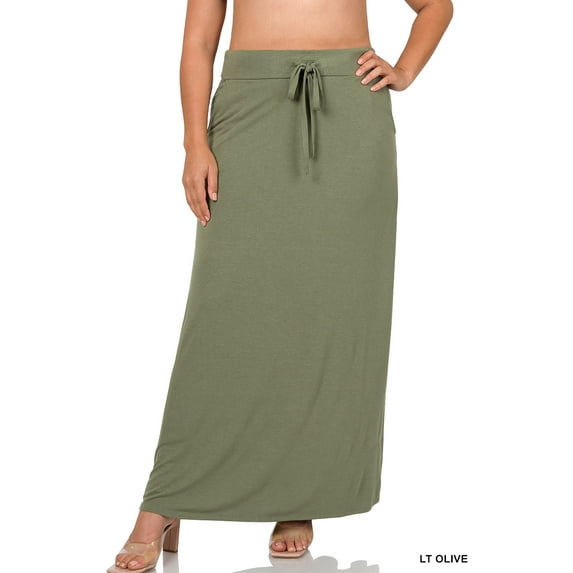 Zenana Women & Plus Relaxed Drawstring Waist Draped Basic Maxi Skirts with Side Pockets