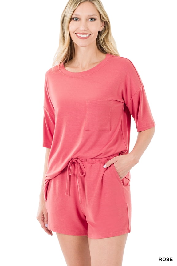 Women & Plus Relaxed Fit Drop Shoulder Tee Shirt Top & Drawstring Waist Short Lounge Set