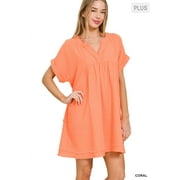 ZENANA Women & Plus Relaxed Fit Gauge Rolled Short Sleeve Raw Edge Mini V-Neck T-Shirt Dress