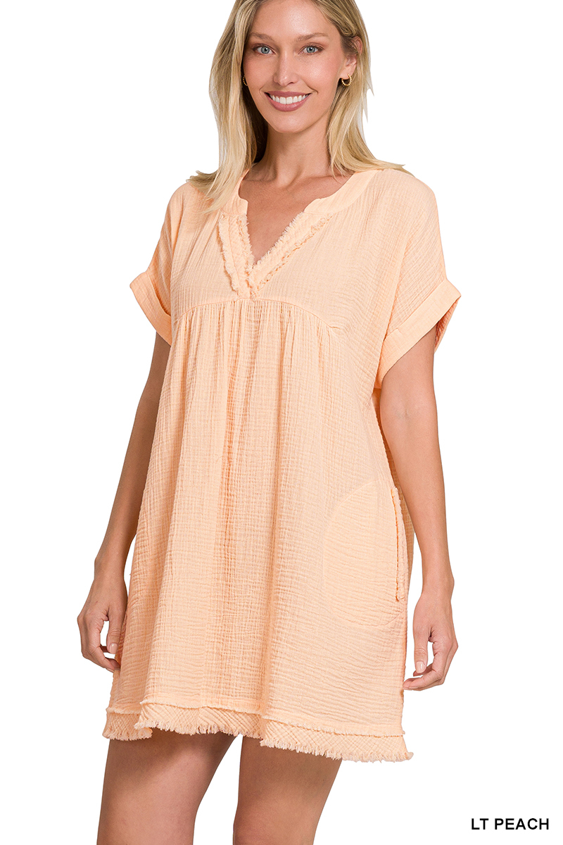 Zenana Women & Plus Relaxed Fit Gauge Rolled Short Sleeve Raw Edge Mini