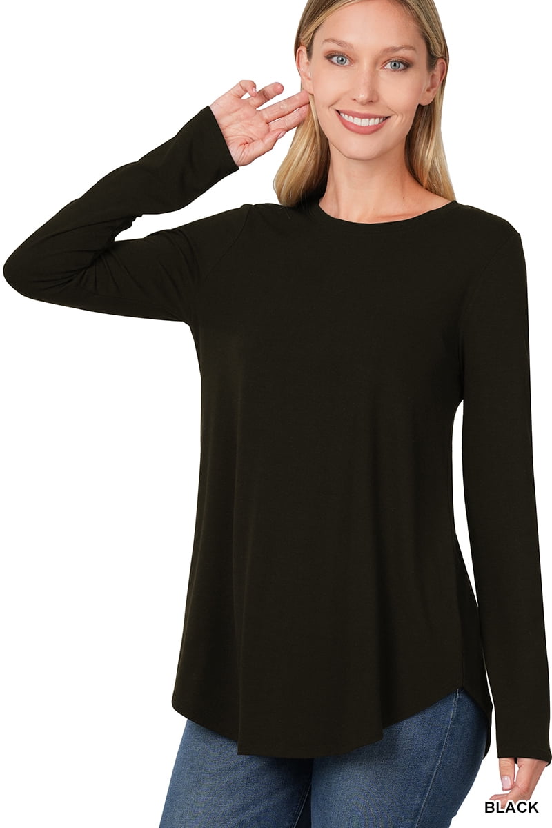 Zenana Plus Size Relaxed Fit Long Sleeve Round Neck & Hem Jersey Tee