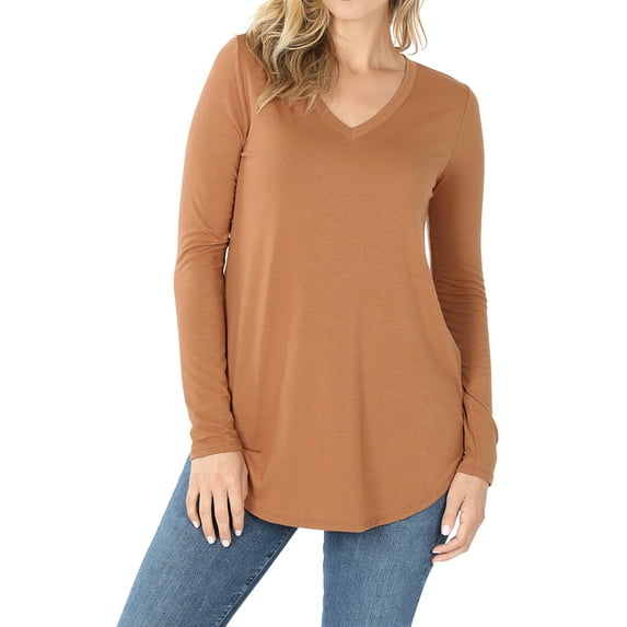 Zenana Women & Plus Relaxed Fit Long Sleeve V-Neck Round Hem Jersey Tee Shirt Top