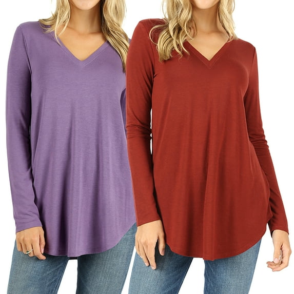 Zenana Women & Plus Relaxed Fit Long Sleeve V-Neck Round Hem Jersey Tee Shirt Top
