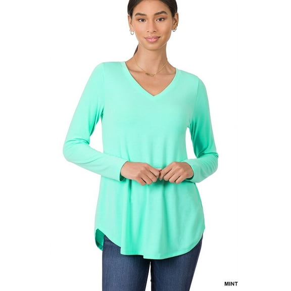 Zenana Women & Plus Relaxed Fit Long Sleeve V-Neck Round Hem Jersey Tee Shirt Top
