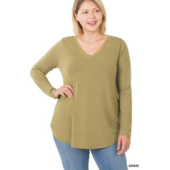Zenana Women & Plus Relaxed Fit Long Sleeve V-Neck Round Hem Jersey Tee Shirt Top