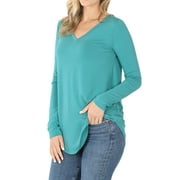 Zenana Women & Plus Relaxed Fit Long Sleeve V-Neck Round Hem Jersey Tee Shirt Top