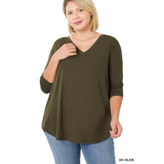 Zenana Women & Plus Relaxed Fit Long Sleeve V-Neck Round Hem Jersey Tee Shirt Top
