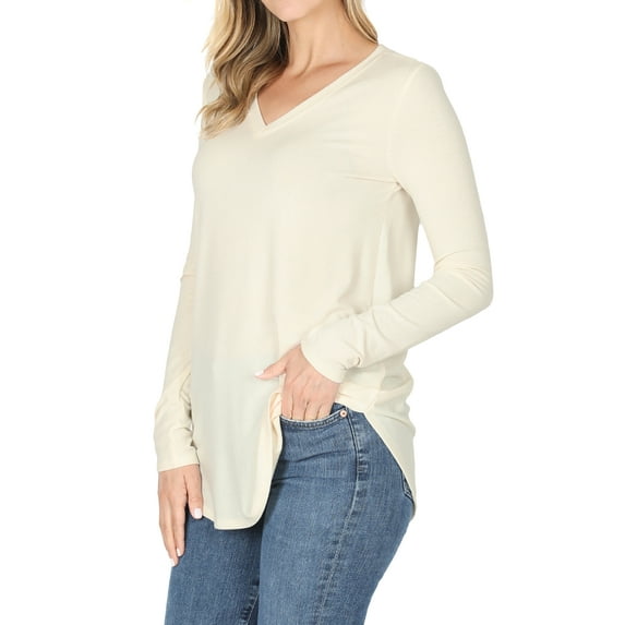 Zenana Women & Plus Relaxed Fit Long Sleeve V-Neck Round Hem Jersey Tee Shirt Top