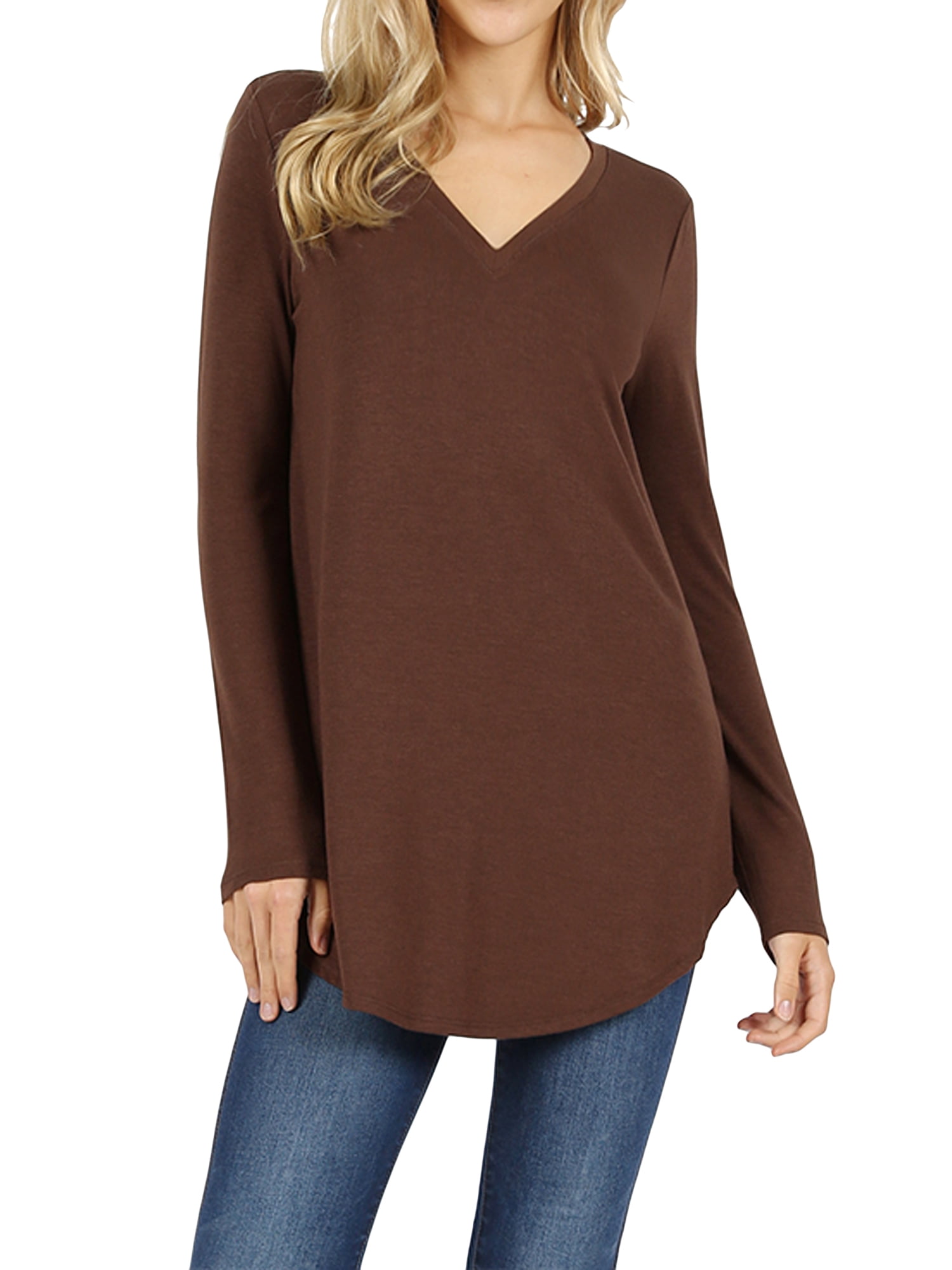 Zenana Women & Plus Relaxed Fit Long Sleeve VNeck Round Hem Jersey Tee