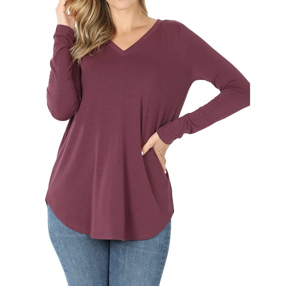 Zenana Women & Plus Relaxed Fit Long Sleeve V-Neck Round Hem Jersey Tee Shirt Top