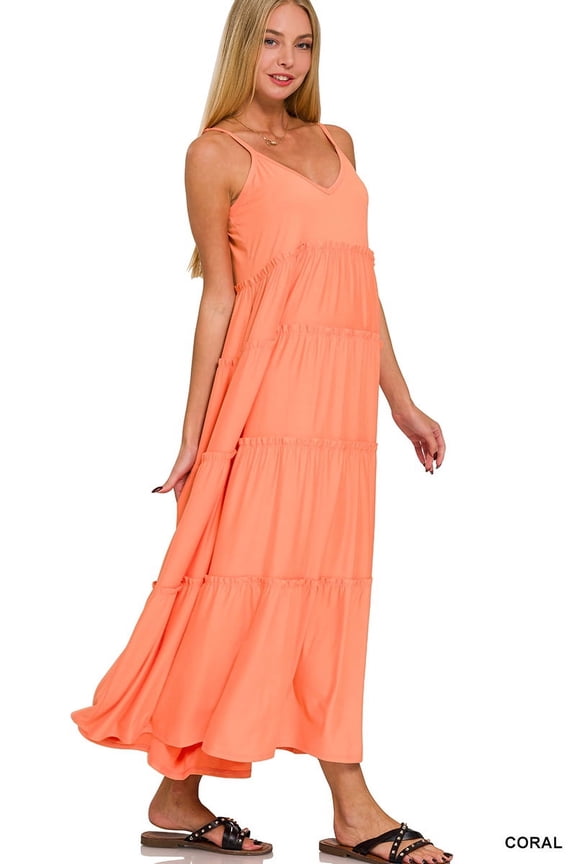 Women & Plus Relaxed Fit V-Neck Cami Full Length Tiered Boho Maxi Long Dress w/ Side Pockets
