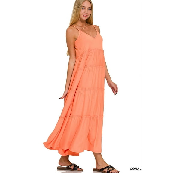 Zenana Women & Plus Relaxed Fit V-Neck Cami Full Length Tiered Boho Maxi Long Dress w/ Side Pockets