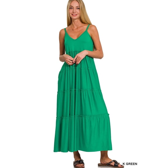 Zenana Women & Plus Relaxed Fit V-Neck Cami Full Length Tiered Boho Maxi Long Dress w/ Side Pockets