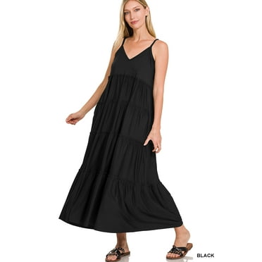 Zenana Women & Plus Relaxed Fit V-Neck Cami Full Length Tiered Boho Maxi Long Dress w/ Side Pockets