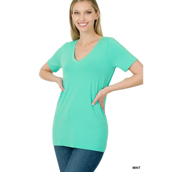 Zenana Women & Plus Relaxed Fit V-Neck Short Sleeve Basic Jersey T-Shirt Tops