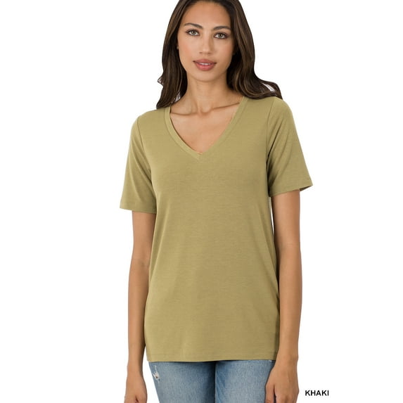 Zenana Women & Plus Relaxed Fit V-Neck Short Sleeve Basic Jersey T-Shirt Tops