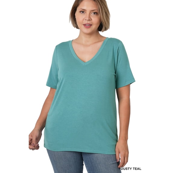 Zenana Women & Plus Relaxed Fit V-Neck Short Sleeve Basic Jersey T-Shirt Tops