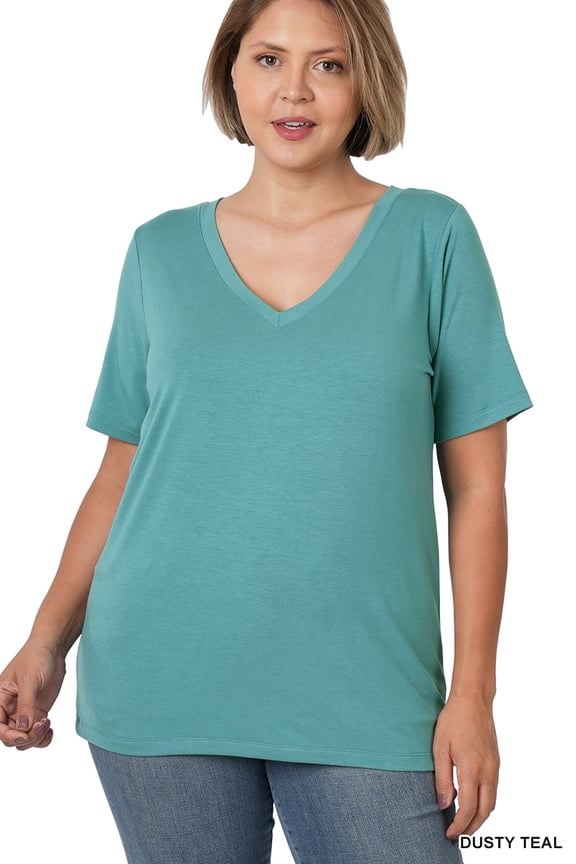 Women & Plus Relaxed Fit V-Neck Short Sleeve Basic Jersey T-Shirt Tops