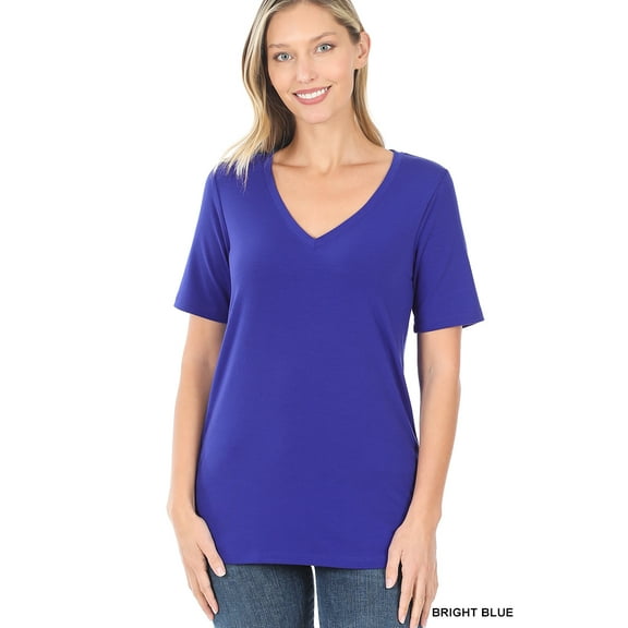 Zenana Women & Plus Relaxed Fit V-Neck Short Sleeve Basic Jersey T-Shirt Tops