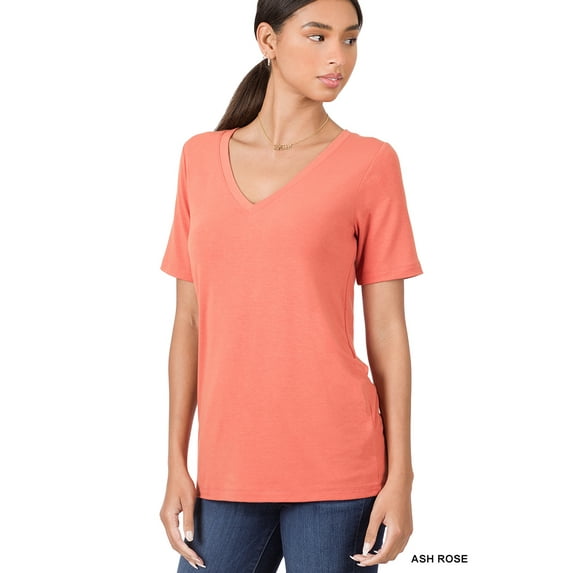 Zenana Women & Plus Relaxed Fit V-Neck Short Sleeve Basic Jersey T-Shirt Tops
