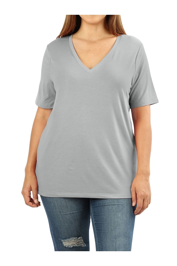 Women & Plus Relaxed Fit V-Neck Short Sleeve Basic Jersey T-Shirt Tops