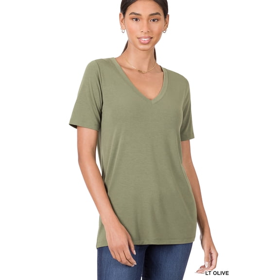 Zenana Women & Plus Relaxed Fit V-Neck Short Sleeve Basic Jersey T-Shirt Tops