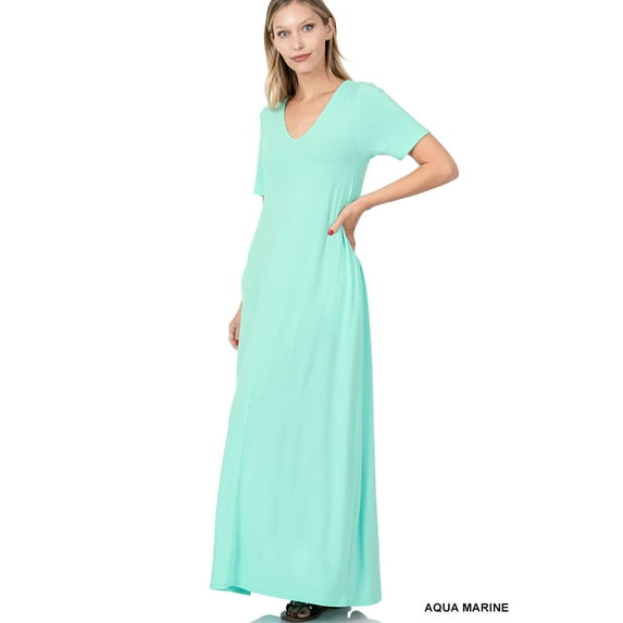 Zenana Women & Plus Relaxed Fit V-Neck Short Sleeve Full Length Maxi Long Dress w/ Side Pockets