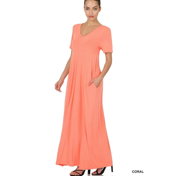 Zenana Women & Plus Relaxed Fit V-Neck Short Sleeve Full Length Maxi Long Dress w/ Side Pockets