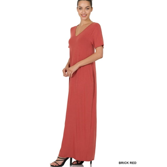 Zenana Women & Plus Relaxed Fit V-Neck Short Sleeve Full Length Maxi Long Dress w/ Side Pockets
