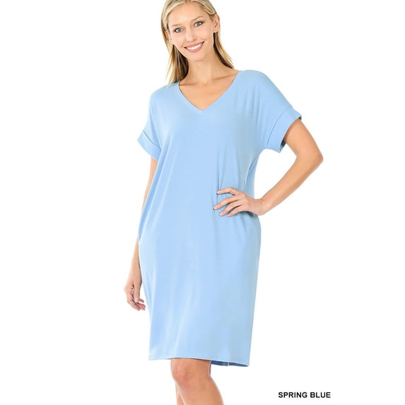 Zenana Women & Plus Rolled Short Sleeve V-Neck Midi Trapeze Tunic Dress