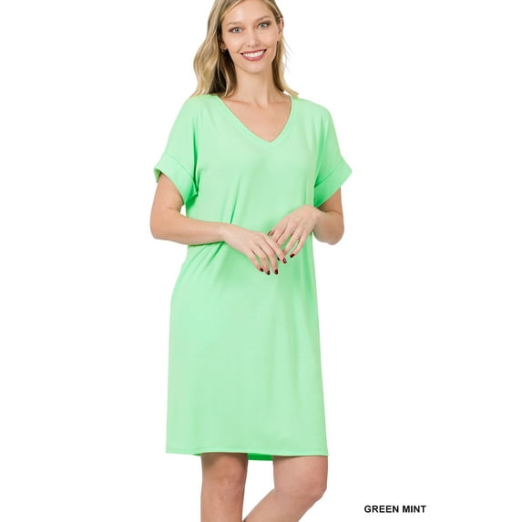 Zenana Women & Plus Rolled Short Sleeve V-Neck Midi Trapeze Tunic Dress