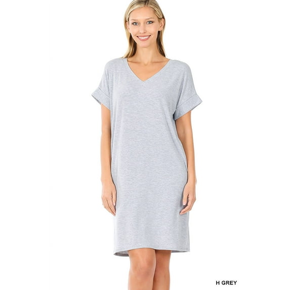 Zenana Women & Plus Rolled Short Sleeve V-Neck Midi Trapeze Tunic Dress
