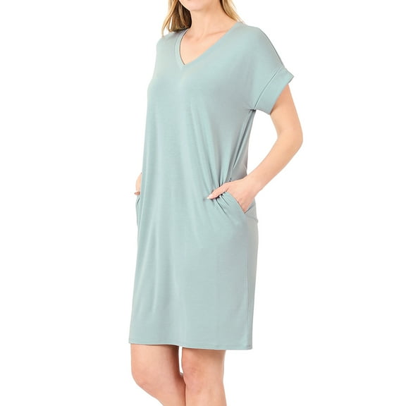 Zenana Women & Plus Rolled Short Sleeve V-Neck Midi Trapeze Tunic Dress