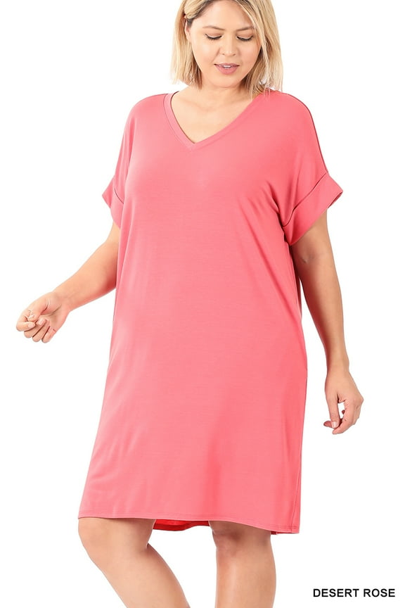 Women & Plus Rolled Short Sleeve V-Neck Midi Trapeze Tunic Dress