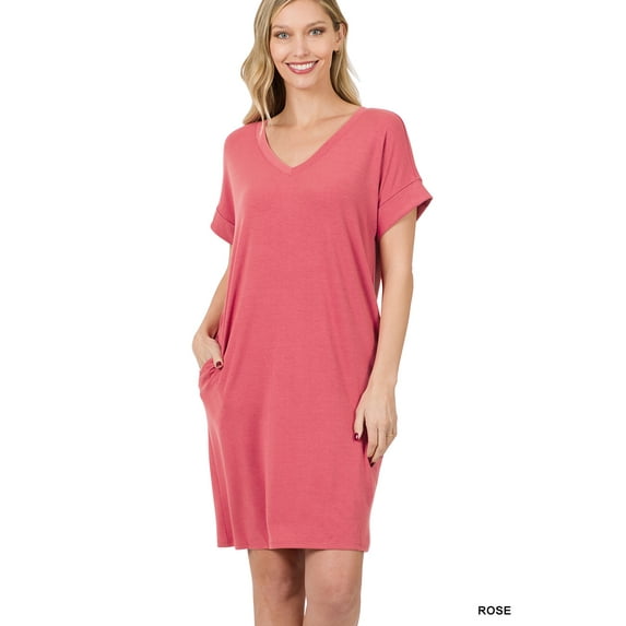 Zenana Women & Plus Rolled Short Sleeve V-Neck Midi Trapeze Tunic Dress