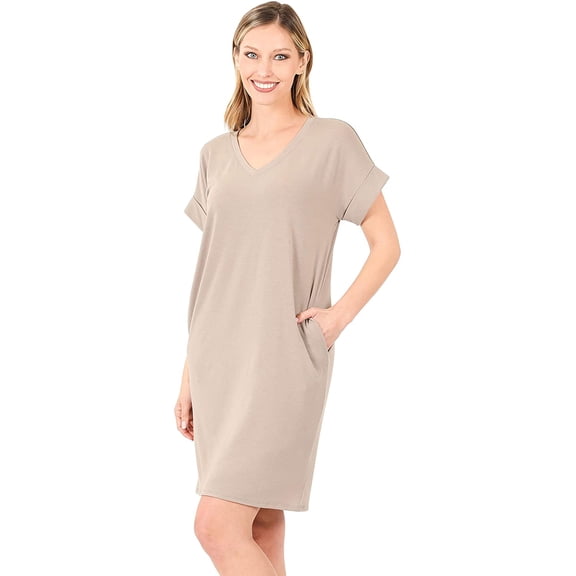 Zenana Women & Plus Rolled Short Sleeve V-Neck Midi Trapeze Tunic Dress
