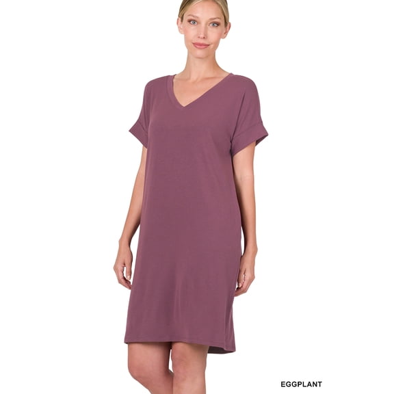 Zenana Women & Plus Rolled Short Sleeve V-Neck Midi Trapeze Tunic Dress