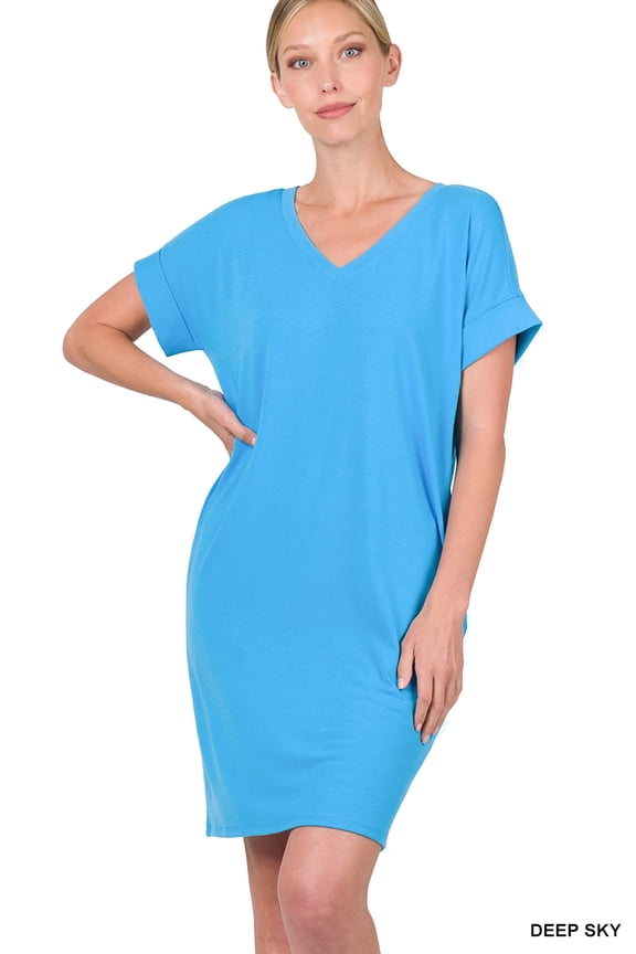 Women & Plus Rolled Short Sleeve V-Neck Midi Trapeze Tunic Dress