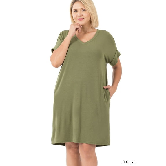 Zenana Women & Plus Rolled Short Sleeve V-Neck Midi Trapeze Tunic Dress