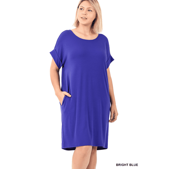 Zenana Women & Plus Rolled Short Sleeve V-Neck Midi Trapeze Tunic Dress