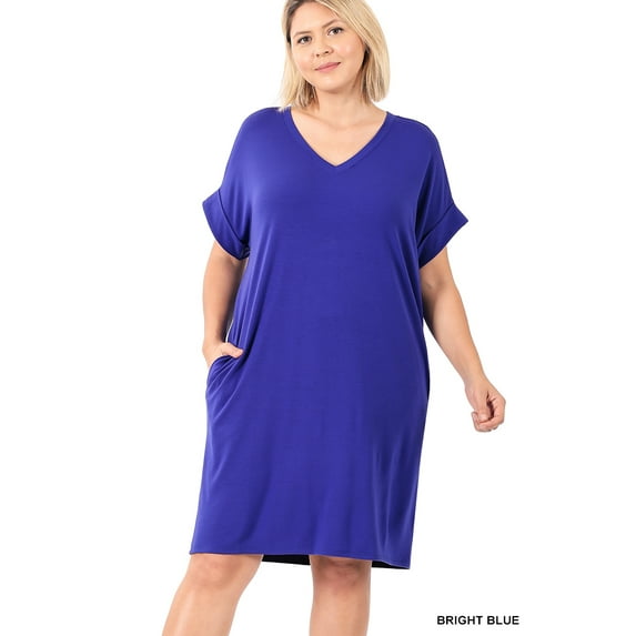 Zenana Women & Plus Rolled Short Sleeve V-Neck Midi Trapeze Tunic Dress