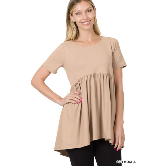 Zenana Women & Plus Round Neck Brushed DTY Short Sleeve Ruched Tunic Blouse Top