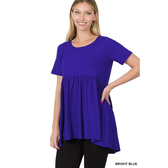 Zenana Women & Plus Round Neck Brushed DTY Short Sleeve Ruched Tunic Blouse Top